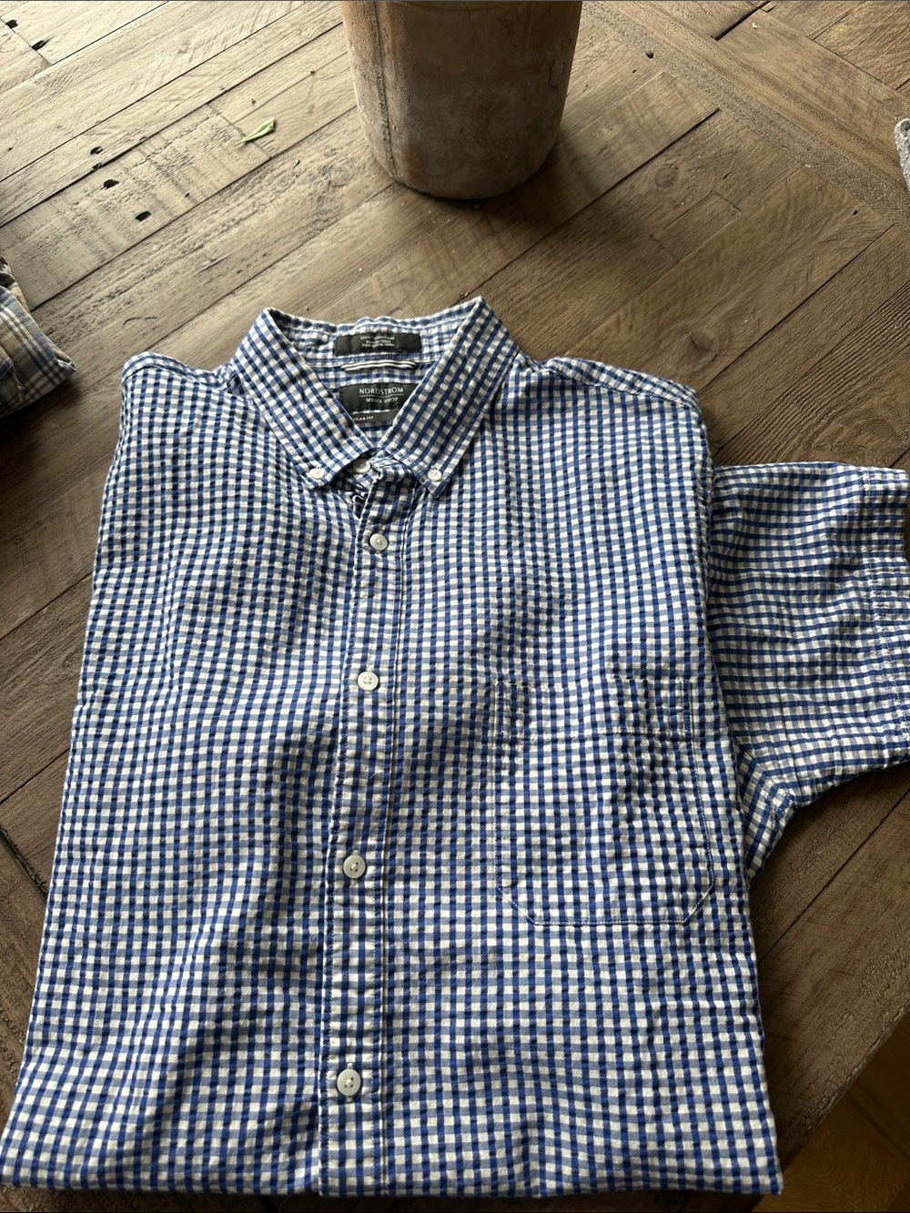 Nordstrom Blue and White Gingham Button-Down Shirt